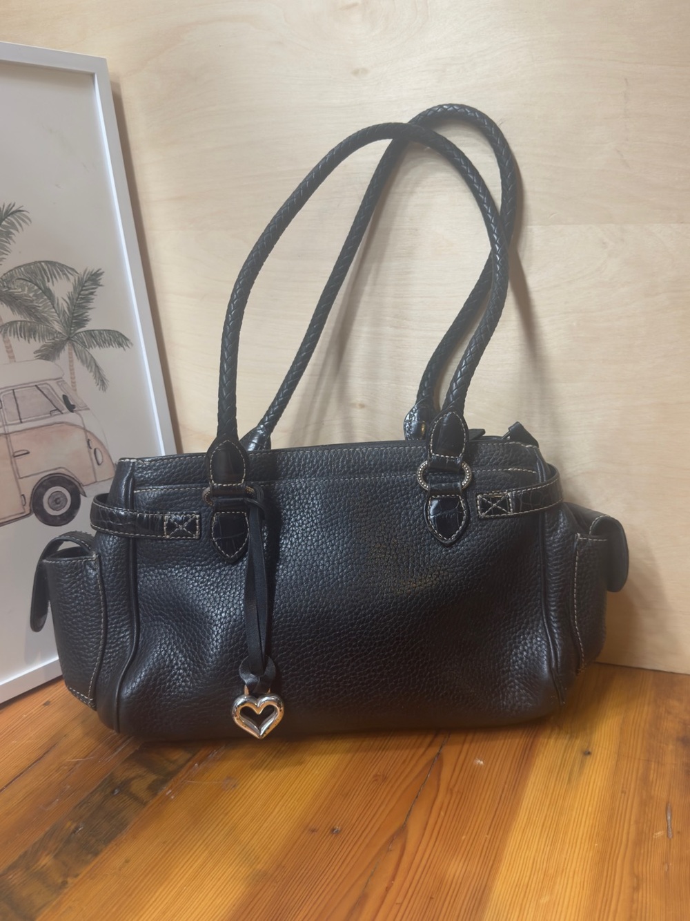 Brighton Black Pebbled Leather Shoulder Tote with Heart Charm